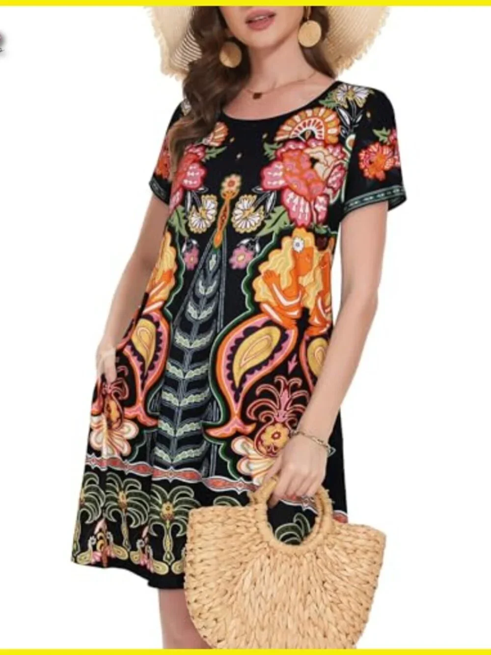 Floral Tshirt Sundress Casual Boho Swing Dress with Pockets Loose Fit